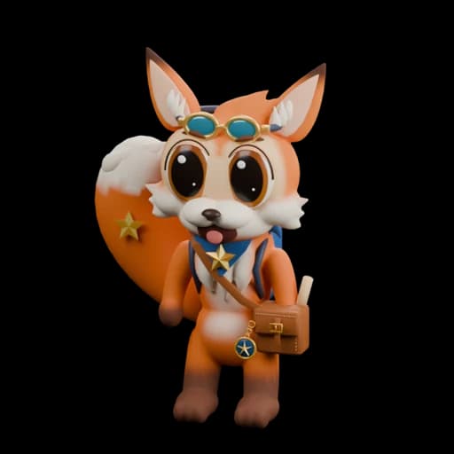 Nova, an orange fox with a blue scarf and explorer satchel, wearing explorer goggles and trailblazer backpack