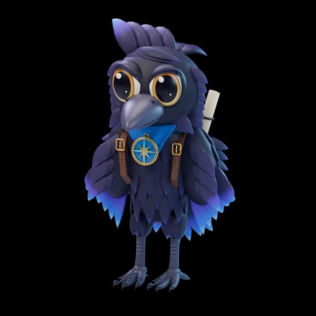 Rook, an indigo raven with bright blue feathers, a blue scarf and a golden compass