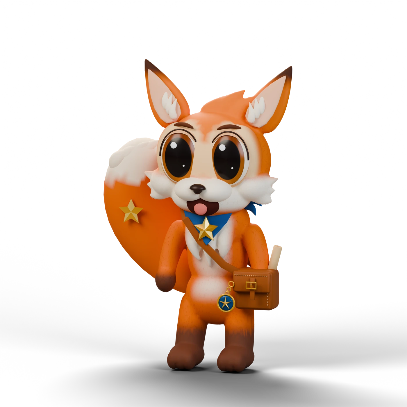 Nova, an orange fox with a blue scarf and explorer satchel