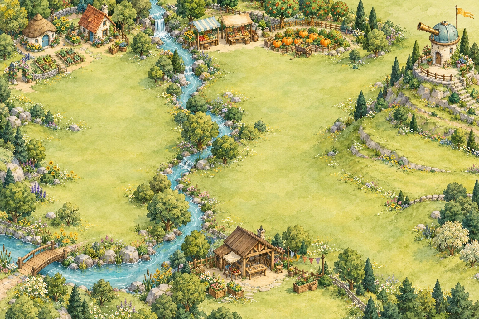 A woodland learning journey with a river, village, and hilltop observatory