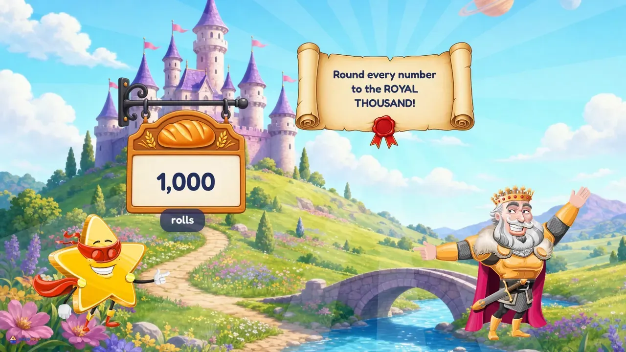King Thorne’s scroll says to round every number to the royal thousand, and the bakery’s 312 rolls now read 1,000 while Stan looks on